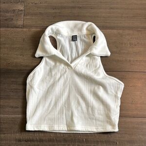 White Ribbed Sleeveless Polo Tank